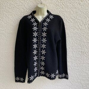 WOOL Winter  Cardigan L Full Zip  100% Black & White Design  Coldwater Creek